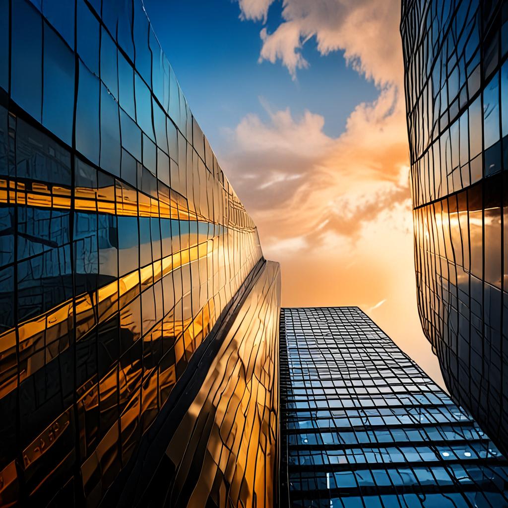 AI architectural photography - glass skyscraper dramatic upward perspective sunset - VOID AI bulk image creator