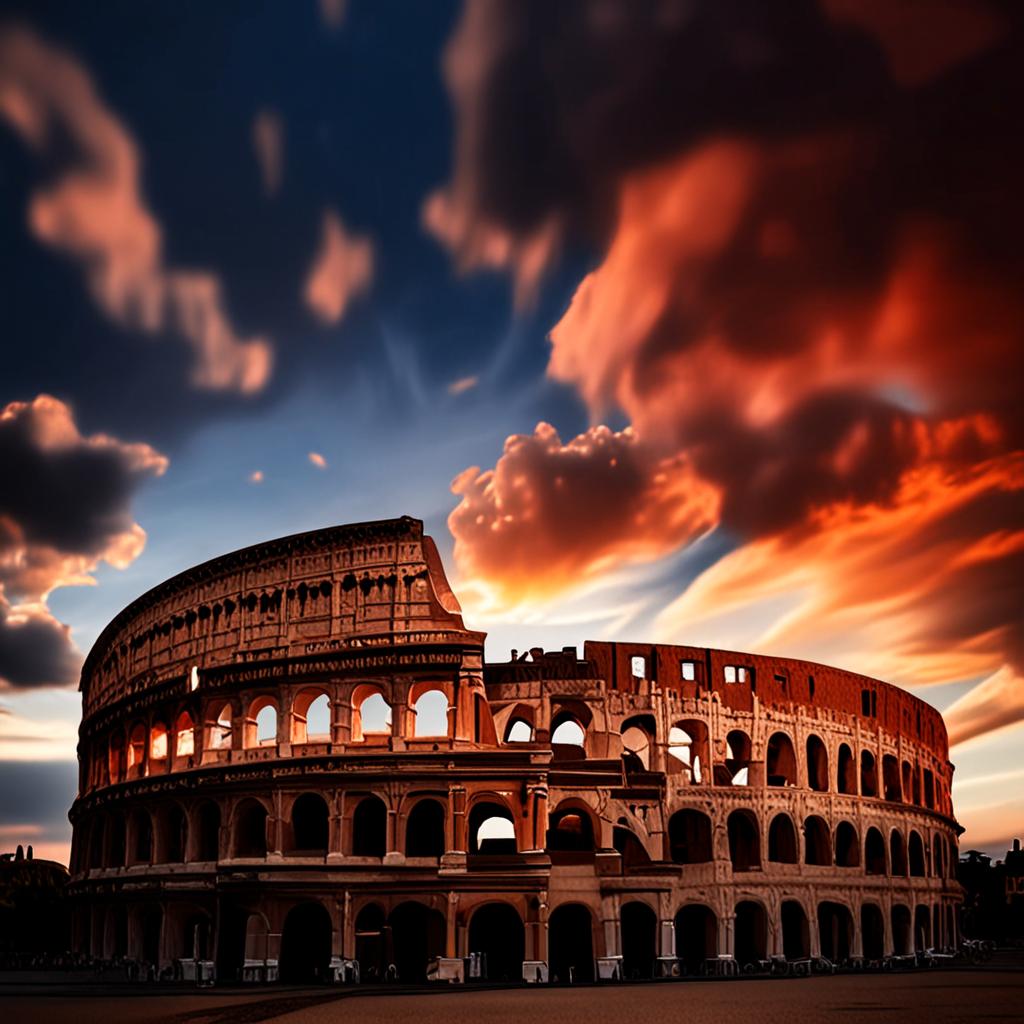 AI architecture photography - ancient Roman Colosseum at golden hour dramatic sky - VOID AI bulk image creator