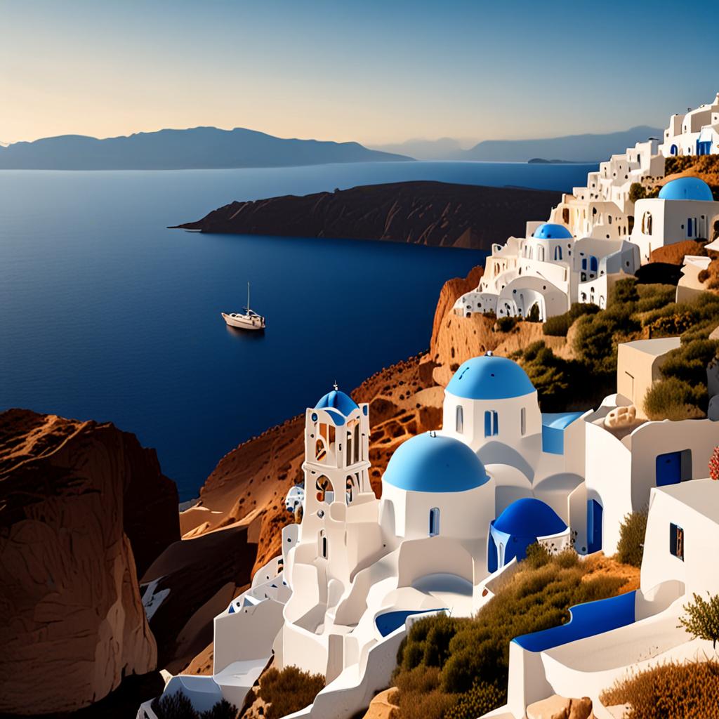 AI architecture photography - white Greek Cycladic village perched on cliff edge - VOID AI bulk image creator