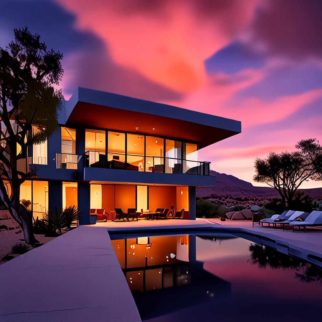 AI residential architecture - mid-century modern house infinity pool at dusk - VOID AI bulk image creator