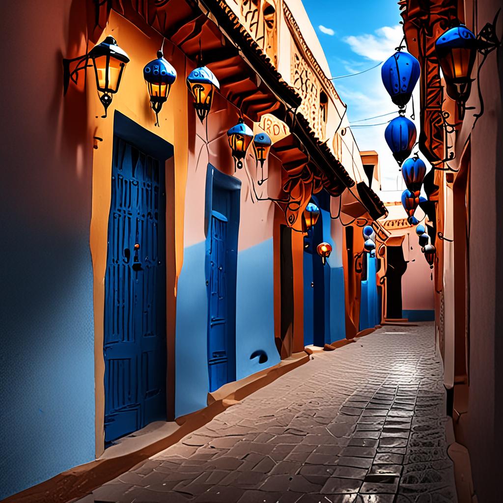 AI architecture photography - ancient Moroccan medina blue painted alleyway lanterns - VOID AI bulk image creator