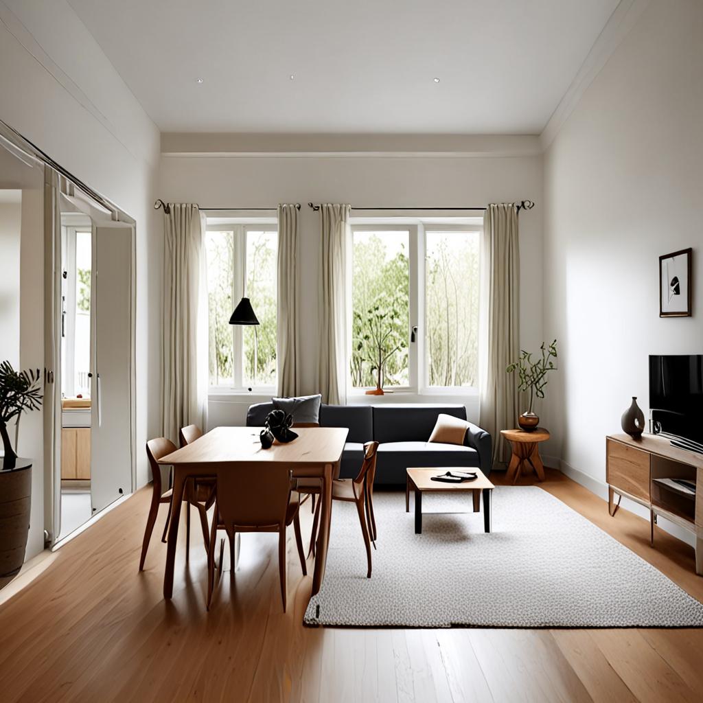 AI interior photography - Scandinavian minimalist open-plan interior warm wood tones - VOID AI bulk image creator