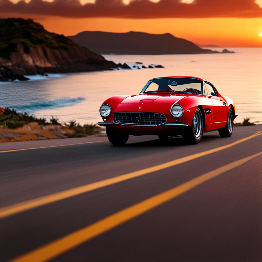 AI car photography - red Ferrari sports car coastal road sunset motion blur - VOID AI bulk image creator