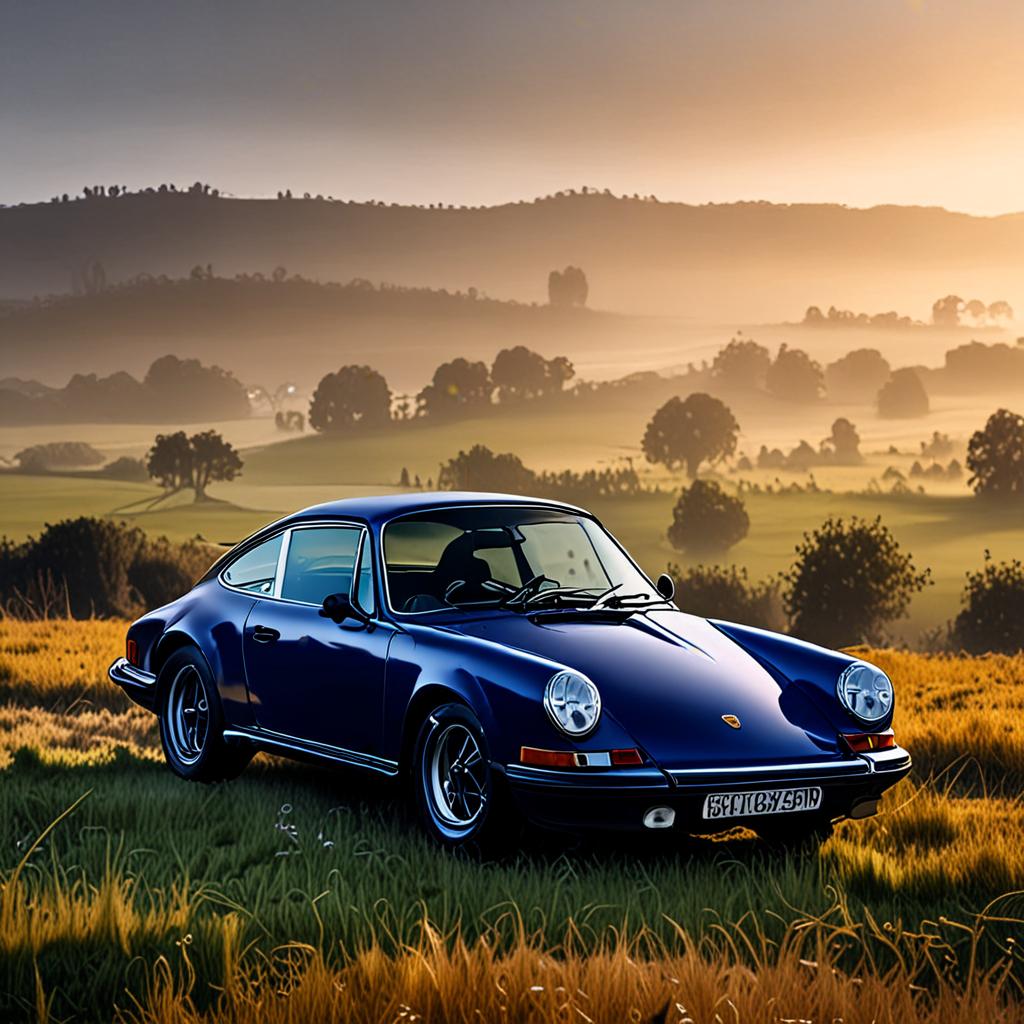 AI automotive photography - midnight blue Porsche 911 in misty countryside at dawn - VOID AI bulk image creator