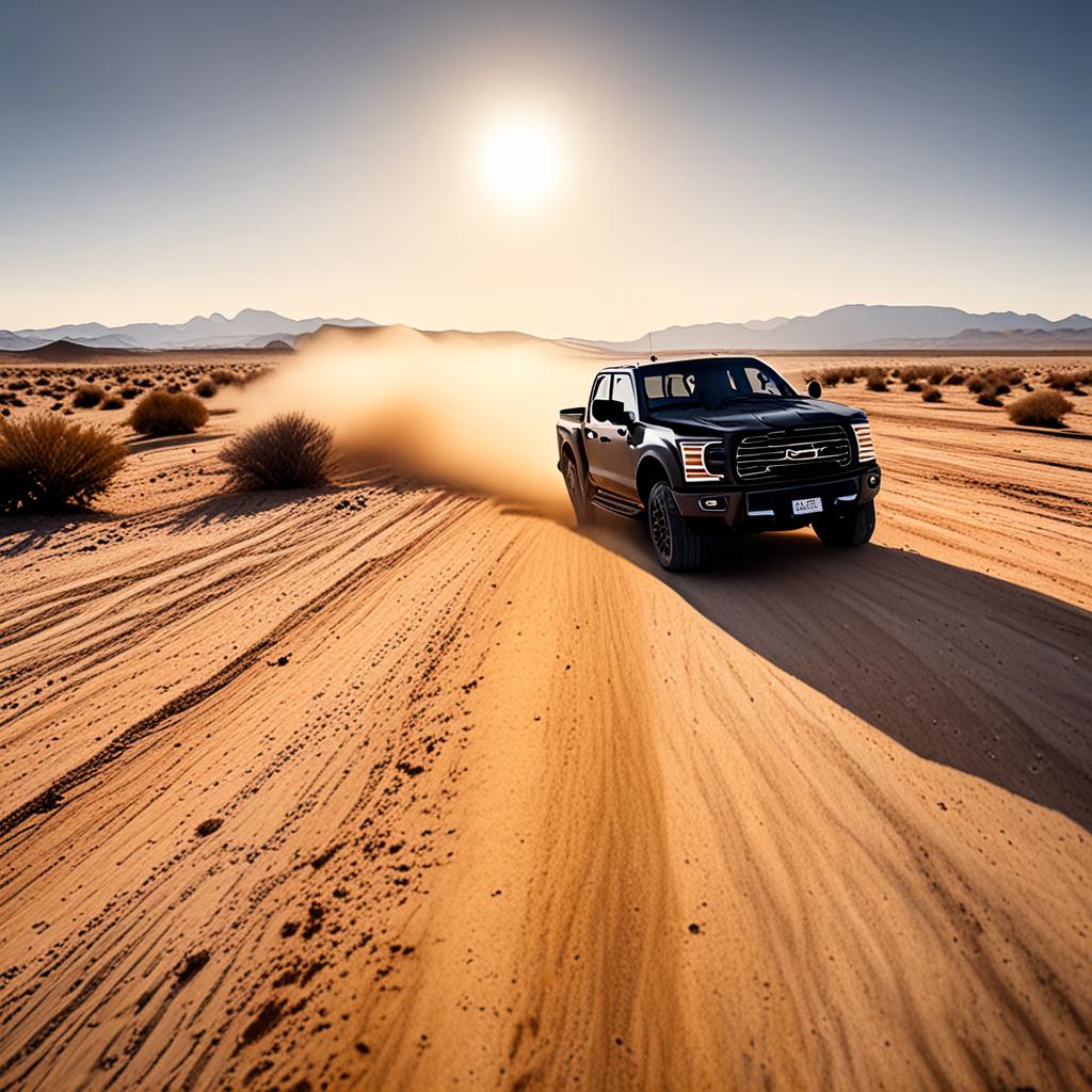 AI automotive photography - matte black pickup truck on desert dirt road dust trail - VOID AI bulk image creator