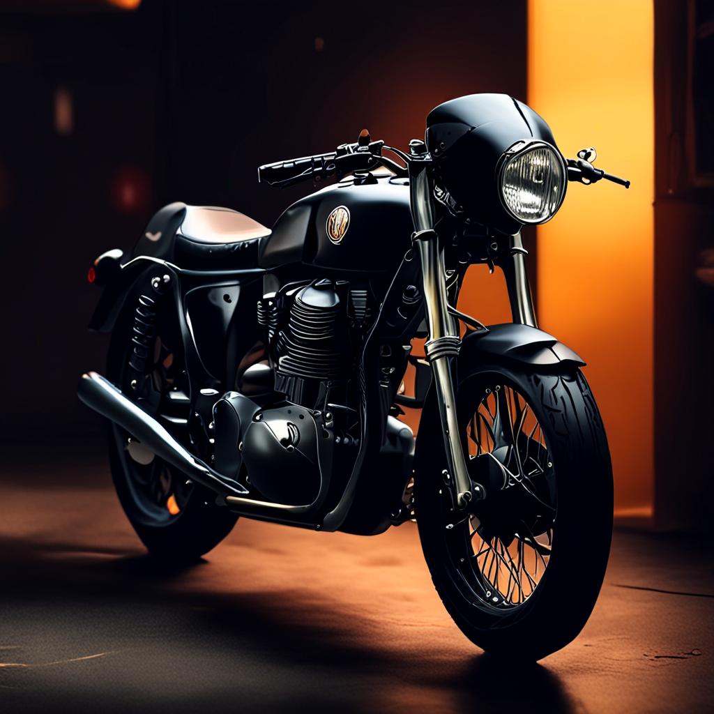 AI automotive photography - vintage black motorcycle in dramatic workshop lighting - VOID AI bulk image creator