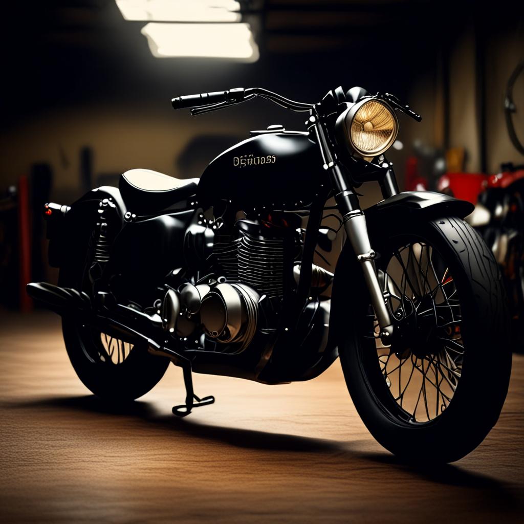 AI motorcycle photography - classic vintage motorbike workshop moody lighting - VOID AI bulk image creator