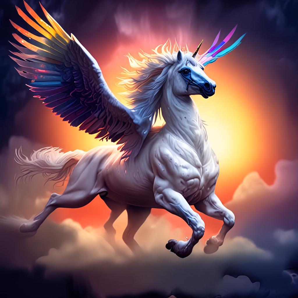 AI fantasy art - majestic white unicorn with rainbow wings racing golden eagle through storm clouds - VOID AI bulk image creator