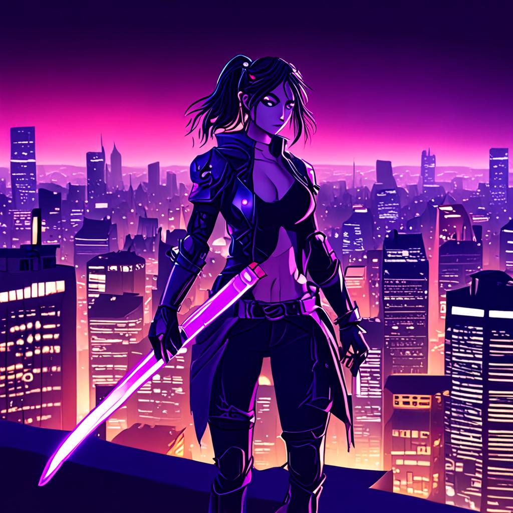 AI anime art - female warrior with glowing purple katana on city rooftop cyberpunk - VOID AI bulk image creator
