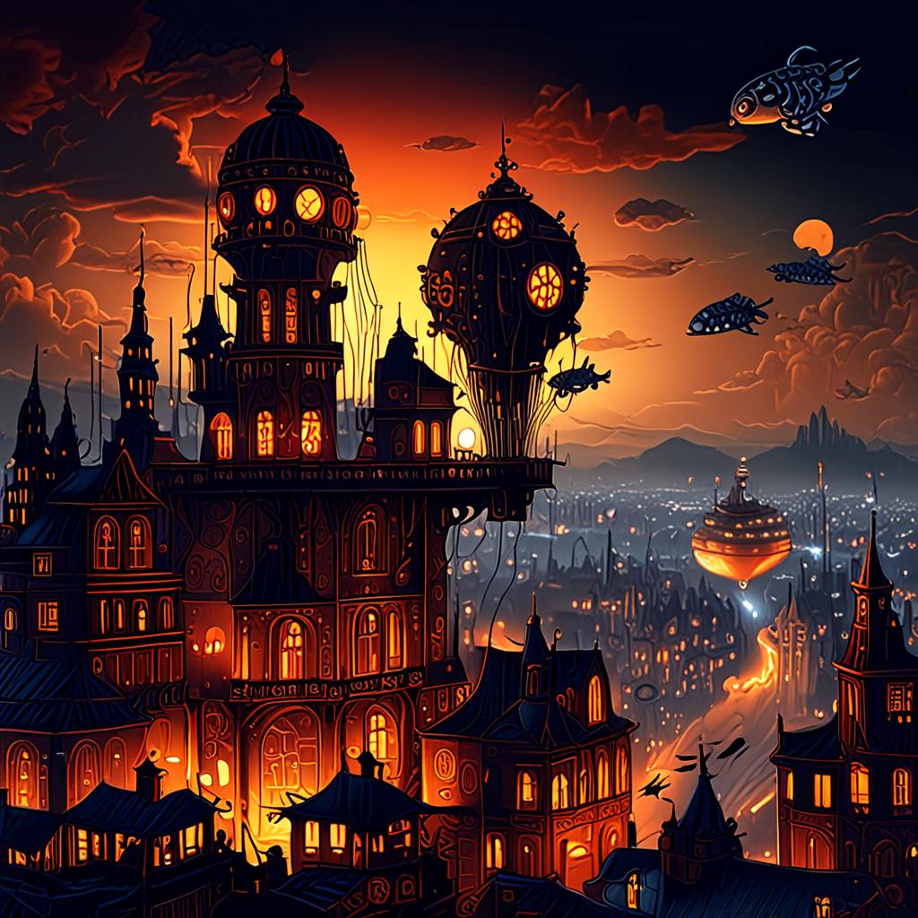 AI digital art - steampunk cityscape at night with airships and glowing copper gears - VOID AI bulk image creator