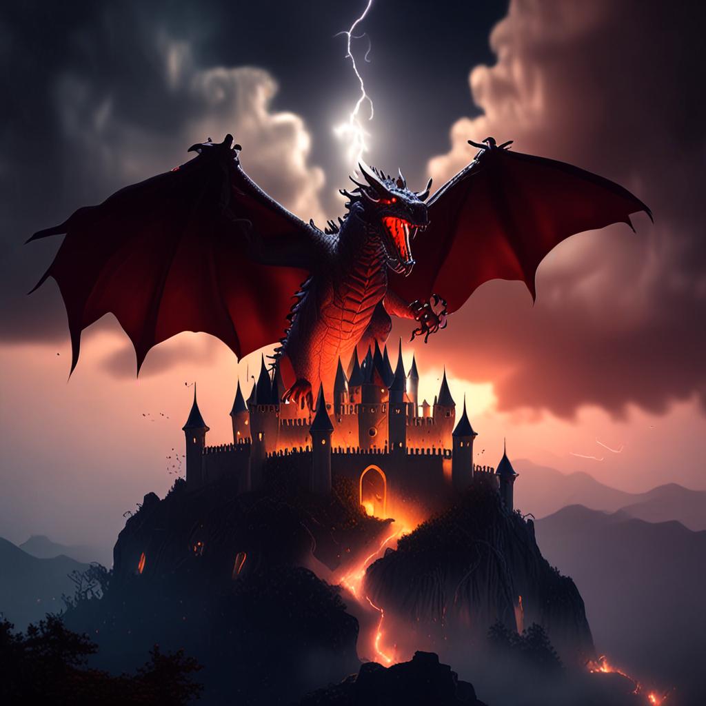 AI fantasy digital art - epic dragon castle lightning cinematic fantasy illustration - VOID AI bulk image creator