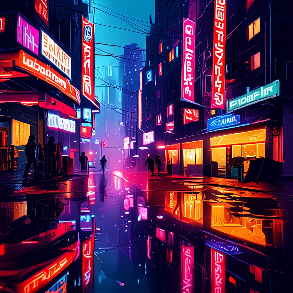 AI cyberpunk art - rain-soaked street scene with neon signs and puddle reflections - VOID AI bulk image creator