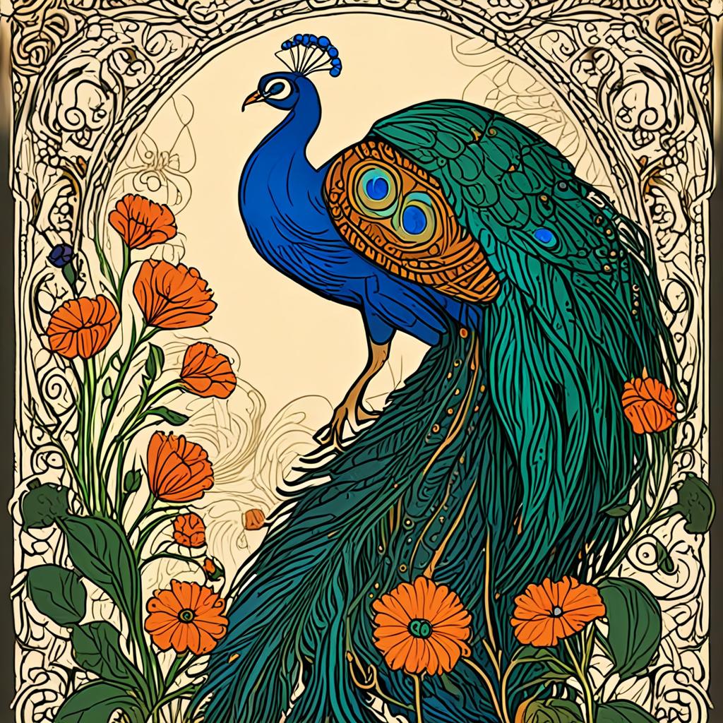 AI art nouveau poster - peacock feathers flowers vintage decorative illustration style - VOID AI bulk image creator