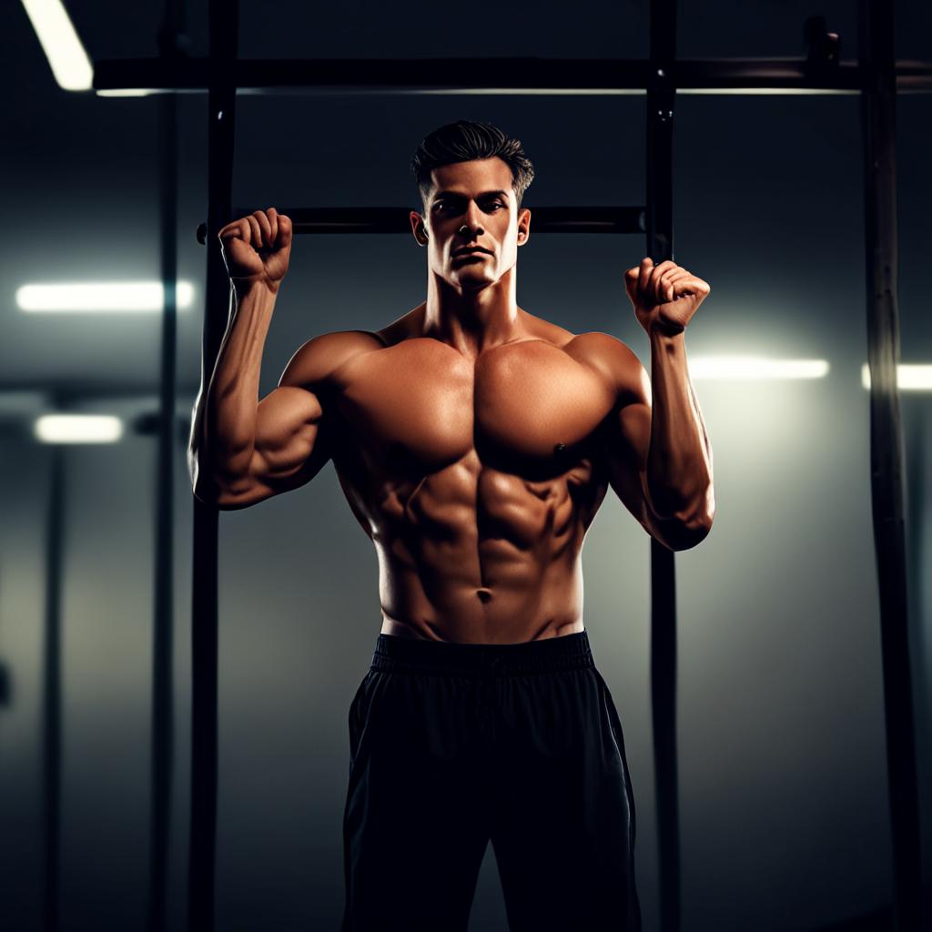 AI sports photography - gym pull-up dramatic rim lighting fitness commercial - VOID AI bulk image creator