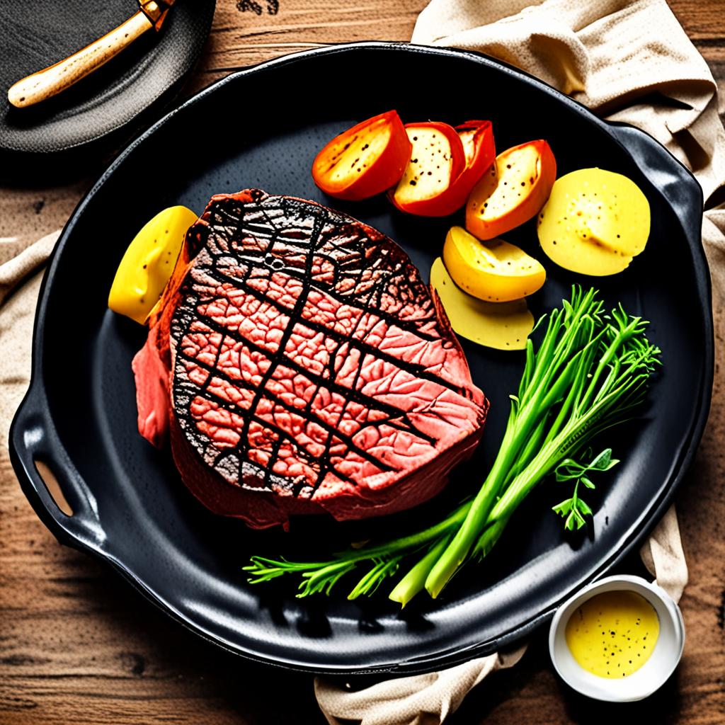 AI food photography - perfectly cooked Wagyu beef steak on cast iron pan herb butter - VOID AI bulk image creator