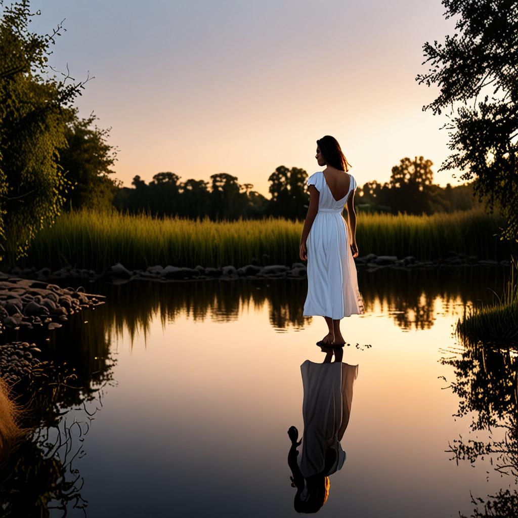 AI lifestyle photography - young woman in white dress walking by a river at golden hour - VOID AI bulk image creator