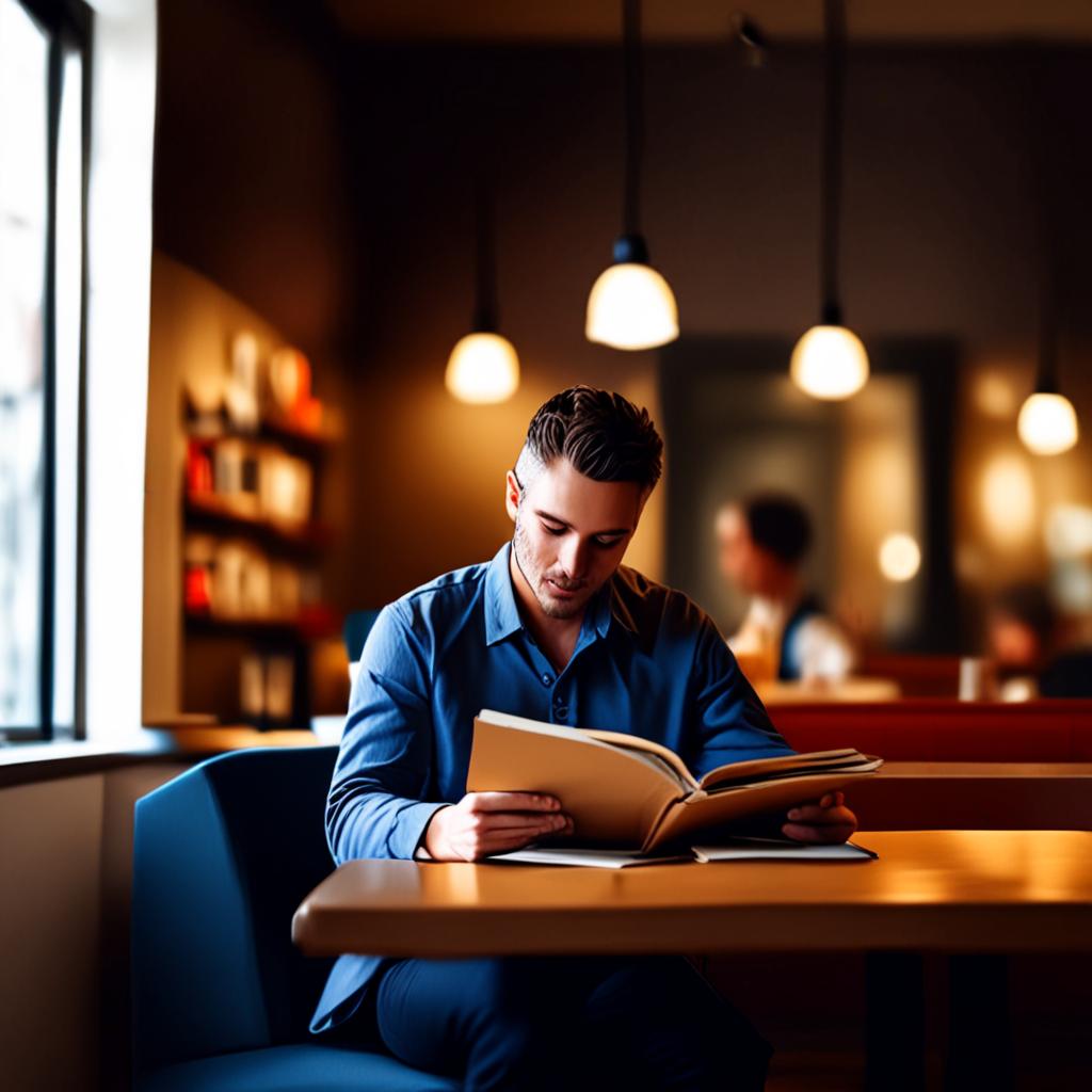AI lifestyle photography - man reading book in stylish modern coffee shop - VOID AI bulk image creator