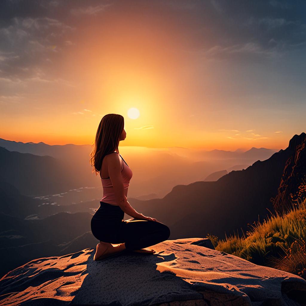 AI lifestyle photography - woman doing yoga on mountain top at sunrise - VOID AI bulk image creator
