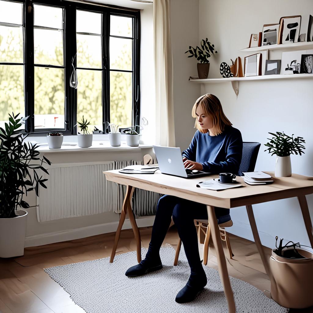 AI lifestyle photography - person working on laptop in Scandinavian home office - VOID AI bulk image creator