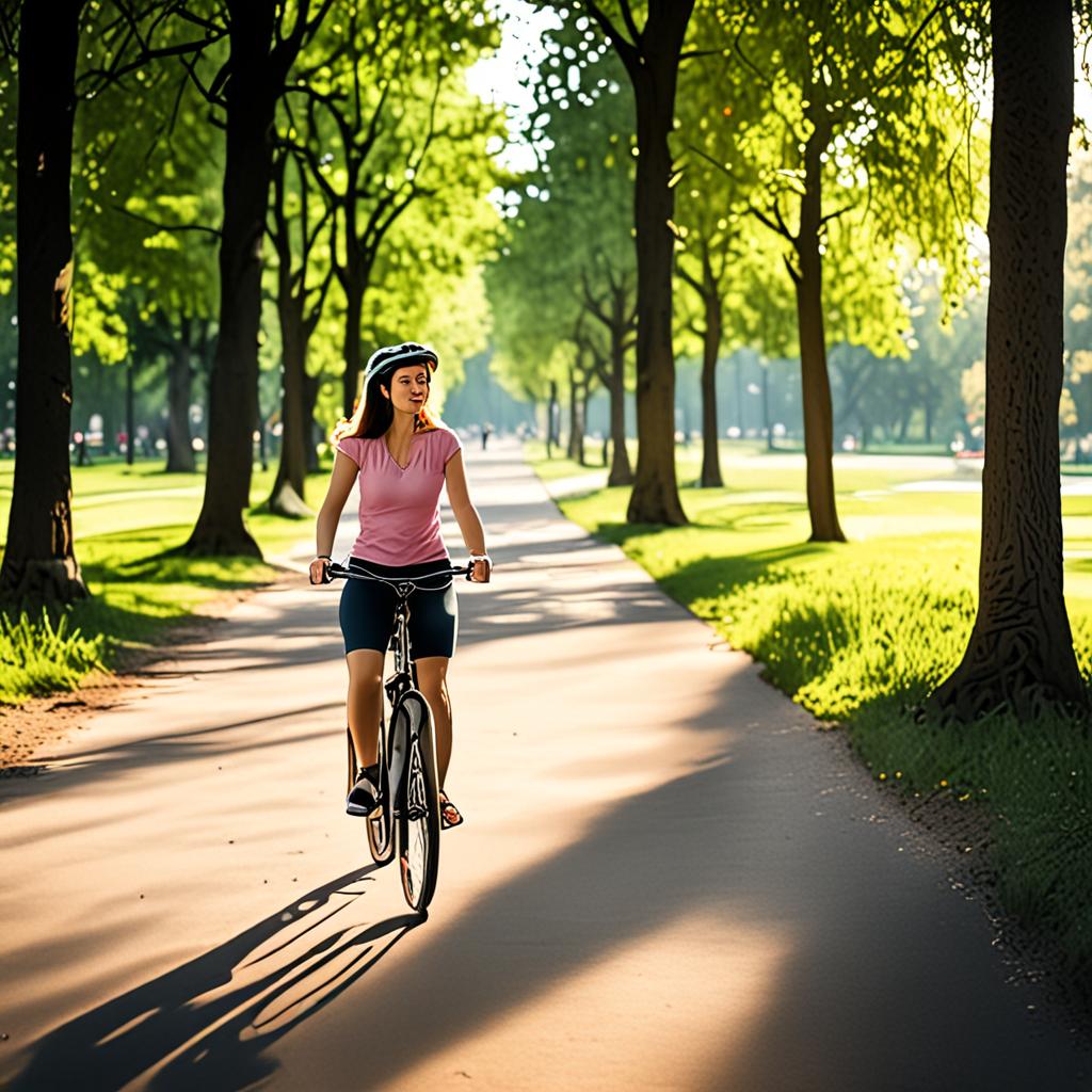 AI lifestyle photography - woman cycling through green city park in summer - VOID AI bulk image creator