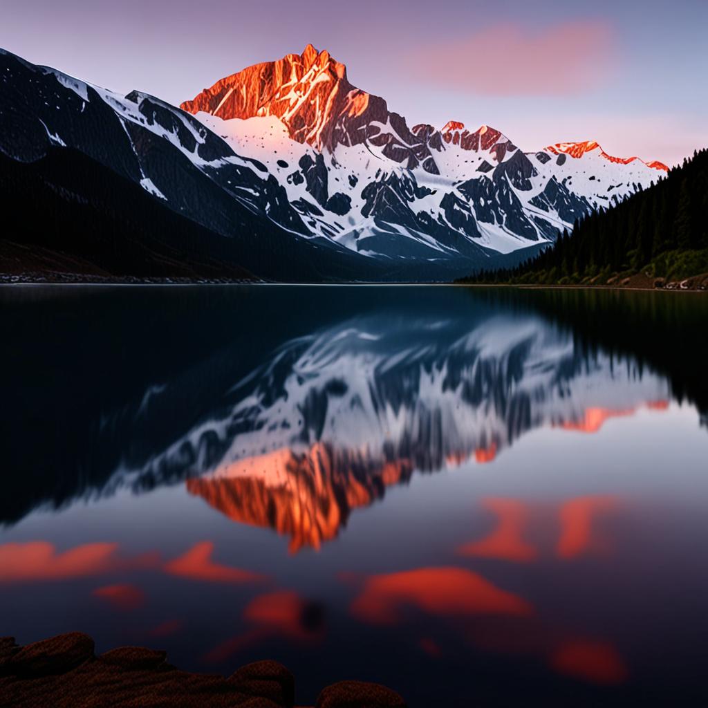 AI nature photography - mountain lake perfectly reflecting snow-capped peaks at sunrise - VOID AI bulk image creator