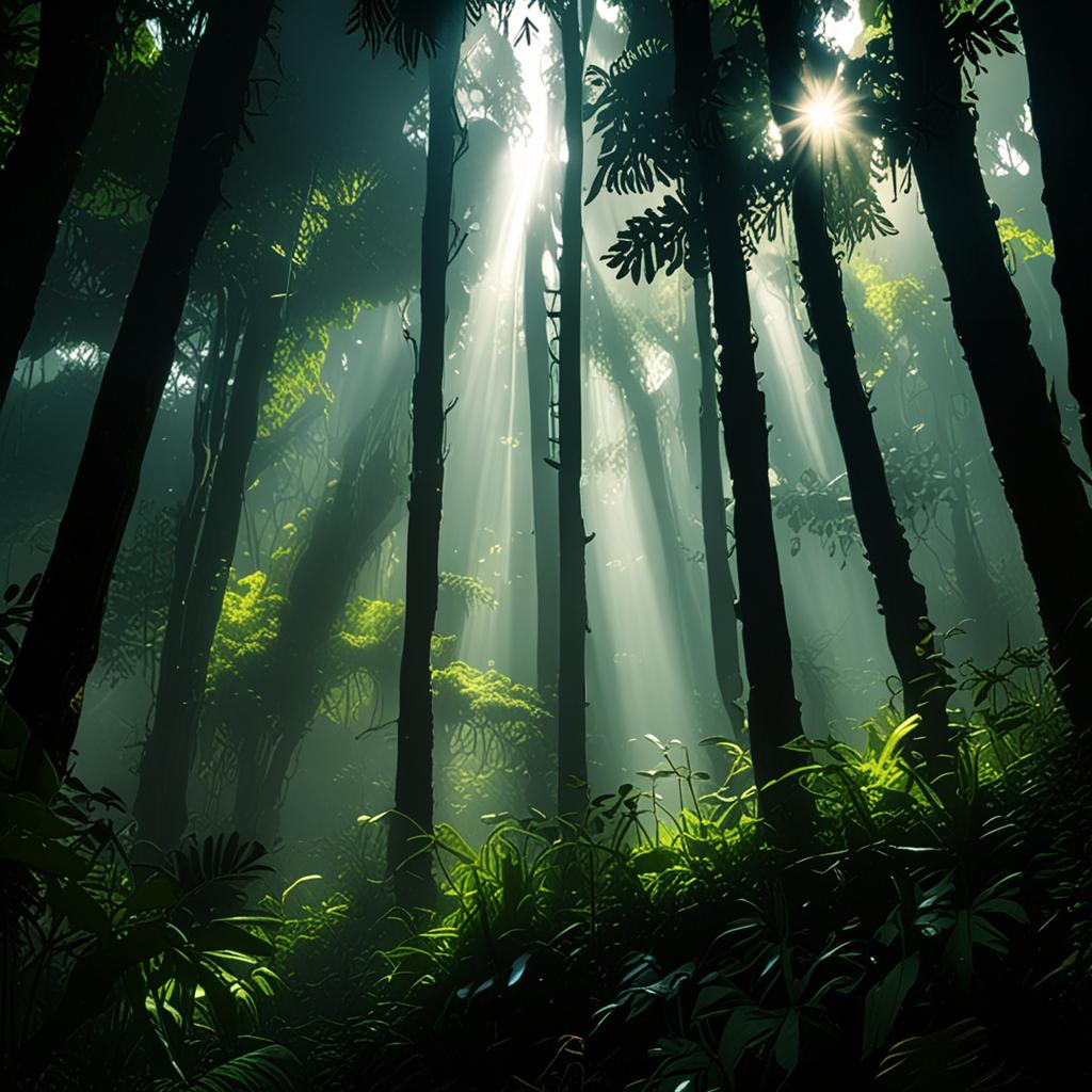 AI nature photography - dense tropical rainforest with sunlight shafts through canopy - VOID AI bulk image creator
