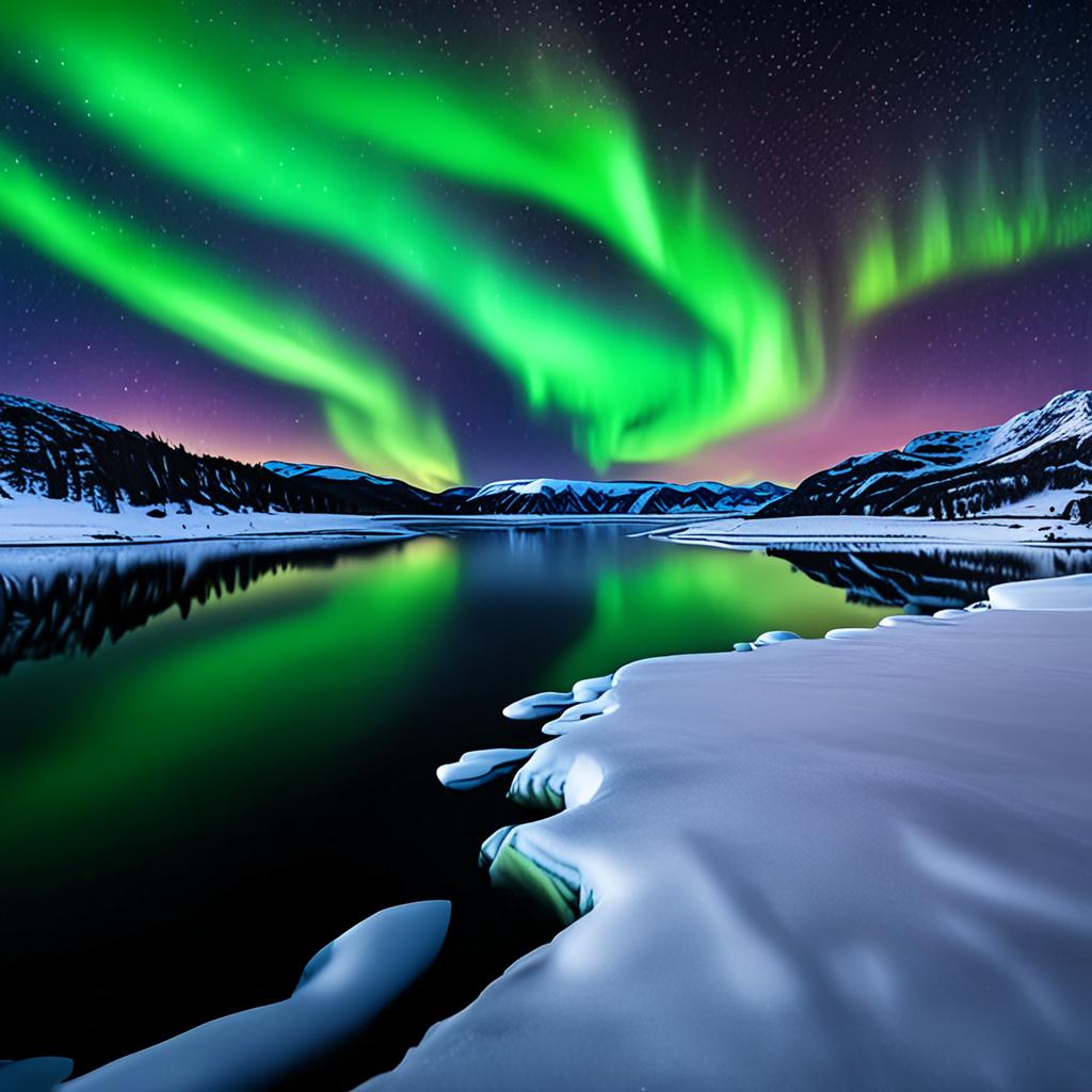 AI nature photography - northern lights aurora borealis over frozen Norwegian lake - VOID AI bulk image creator