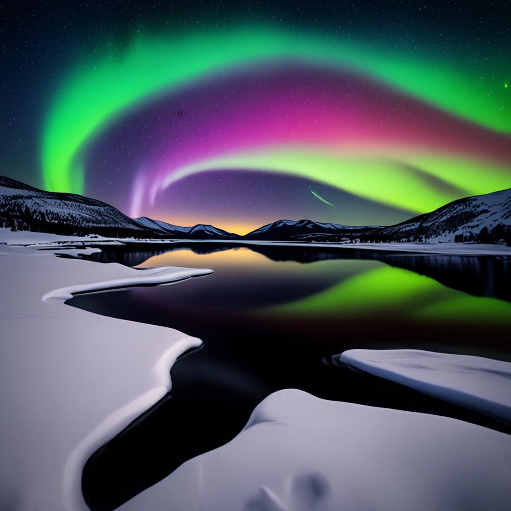AI landscape photography - aurora borealis long exposure frozen winter lake - VOID AI bulk image creator