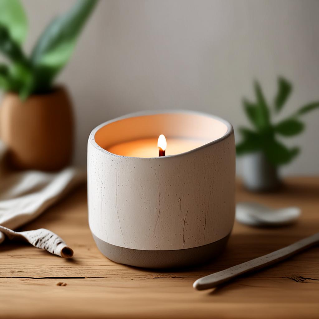 AI product photography - artisan soy candle in concrete vessel on wooden table - VOID AI bulk image creator